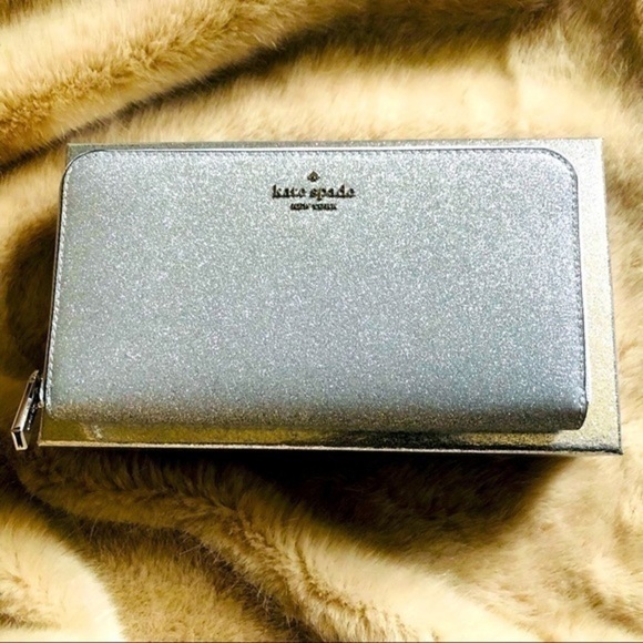 Kate Spade New York Silver Glitter Zip Around Wallet Holiday Collection NWT